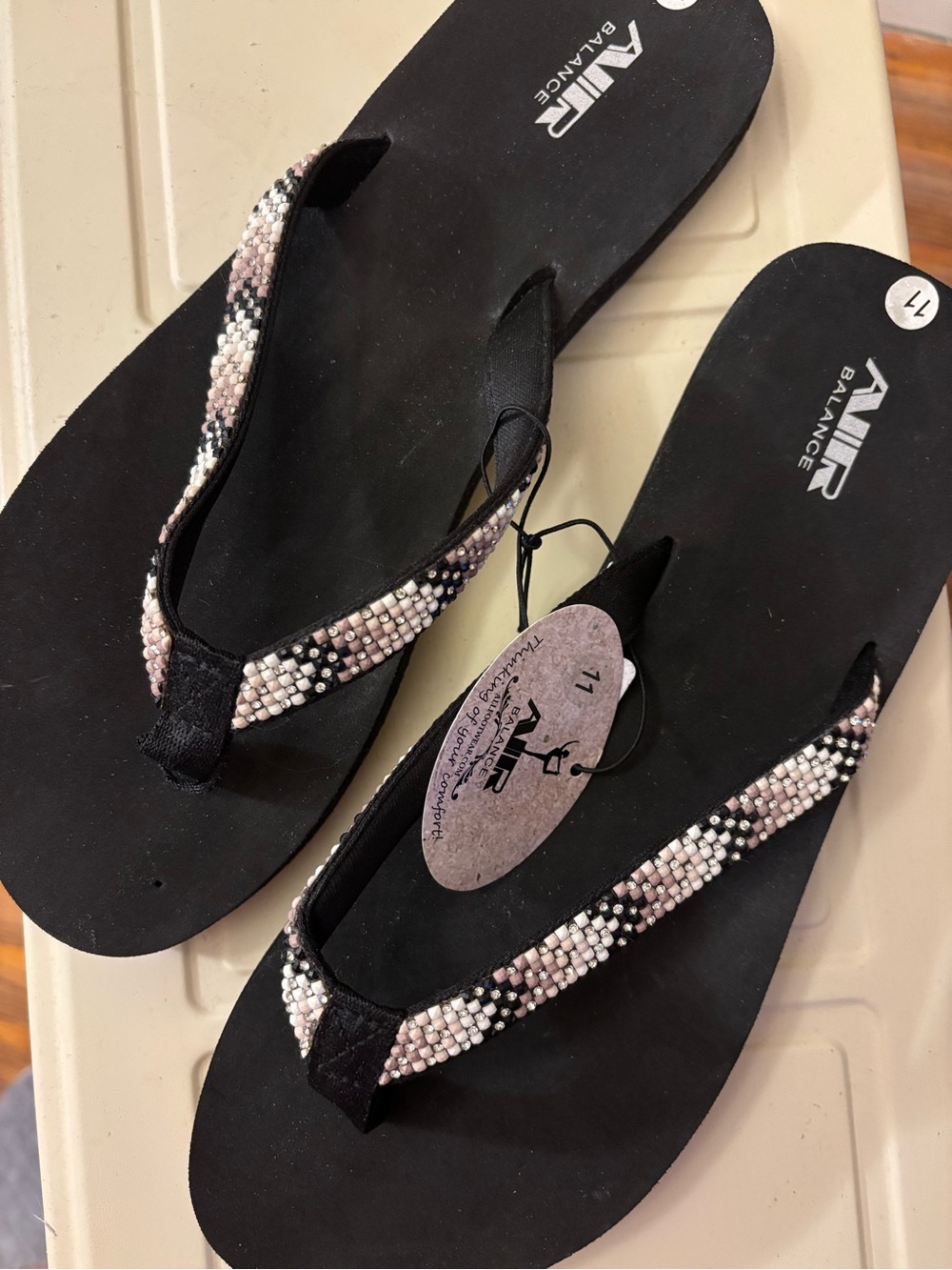 Air Balance Black Flip Flops Plum Purple & White Beaded Rhinstone Size 11 NWT!